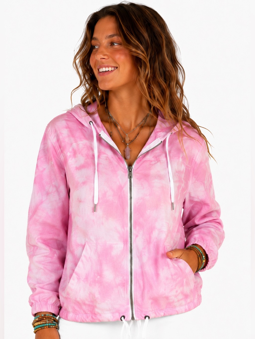 Zine Pink Tie Dye Lightweight Hooded Jacket Medium Boho Festival Zip Up Cotton